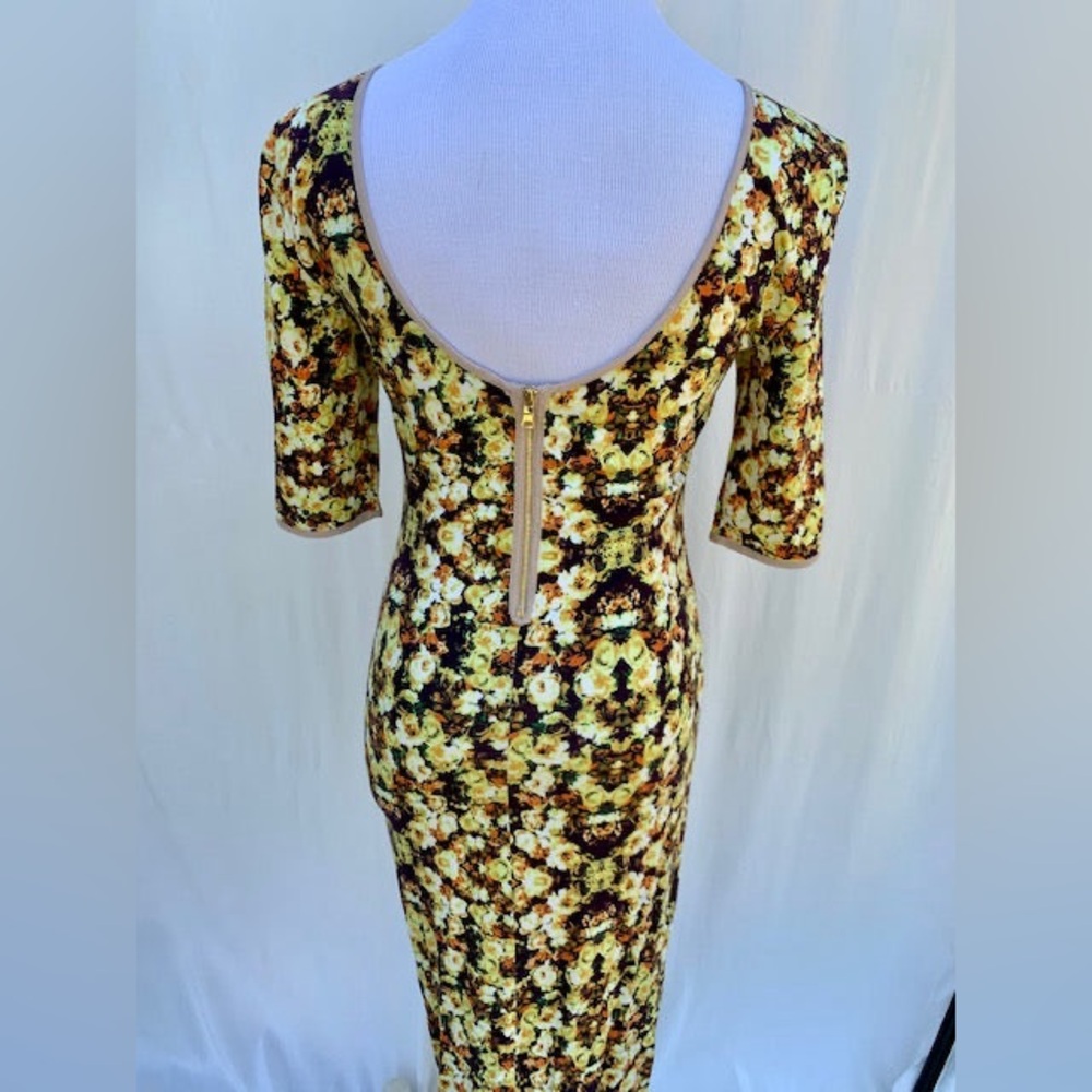 ANTHROPOLOGIE Yellow and Brown Rose Sheath Dress with Bateau Neckline - Picture 3 of 3